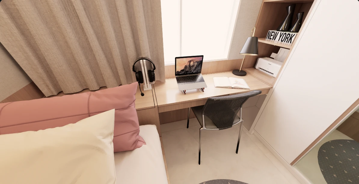 Render do quarto de hóspedes projetado para Caren e Caique, em Vila Velha, ES